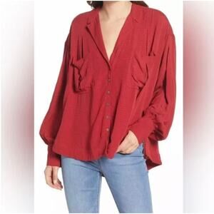 Free People Red Oversized Button Front Erin’s Jacquard Long Sleeve Women’s Sz S